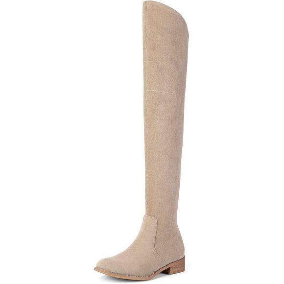 Women Khaki Faux Suede Over The Knee Thigh High Low Block Heel Pointed Toe Boot - Picture 1 of 6